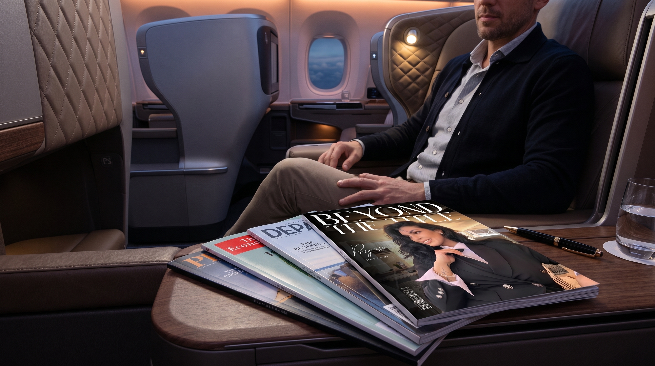 Magazines displayed on a first-class leather seat